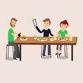 People Selfie with food with smartphone ,tablet vector.