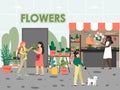 People selling fresh flower bouquet, cactus succulent plant in flower shop, flat vector illustration. Florist service. Royalty Free Stock Photo