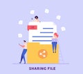 People send files for business. Concept of sharing file, data transfer, transfer of documentation, cloud service, file management