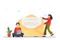 People sending letter by mail, chatting, working process, new email message, mail notification, social network, chat, flat vector