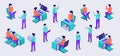 People set collection from office working with laptop on desk with modern isometric flat style Royalty Free Stock Photo