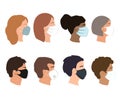 People set faces with medical masks. Coronavirus prevention concept. Different gender, ethnicity, and color woman and