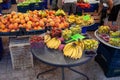 People shop for fresh fruit and vegetables at an open-air market. Turkish bazaar with fresh and ripe fruits and Royalty Free Stock Photo