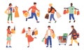 People shopping. Cartoon buyers with bags and carts. Men or women carry purchases from clothing store and supermarket Royalty Free Stock Photo