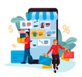 People shopping. Cartoon man and woman buy clothes and electronics in online store. Mobile application with possibility