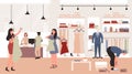 People shopping in clothing store vector illustration. Cartoon flat man woman customer characters standing and trying Royalty Free Stock Photo