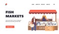 People Shopping at Fish Market Landing Page Template. Characters Buying Fresh Seafood. Shoppers Purchase Farm Products