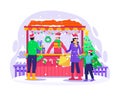 People are shopping for gifts in the Christmas street market shop. Mother with her daughter is shopping. Vector illustration Royalty Free Stock Photo