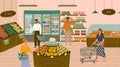 People shopping in grocery store or supermarket concept vector illustration. Organic shop with fruits and vegetables