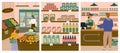 People shopping in grocery store or supermarket concept vector illustration set. Shop with organic fruits and vegetables Royalty Free Stock Photo
