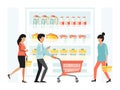 People shopping in grocery vector illustration. Man and women with cart in retail supermarket. Big store people shopping Royalty Free Stock Photo