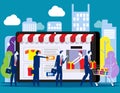 People shoping online. Concept with happy customers buying and making pay ments with smarthphones, E-commerce advertising vector Royalty Free Stock Photo