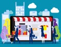 People shoping online. Concept with happy customers buying and making pay ments with smarthphones, E-commerce advertising vector Royalty Free Stock Photo