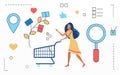 People shopping online, search for discounts and sale offers, woman with shopping cart