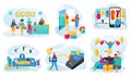 People shopping online vector illustration set, cartoon flat tiny shopper character buying cloth, paying for purchases