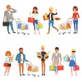 People shopping set. Flat cartoon characters in supermarket with shopping carts and paper bags with food. Vector Royalty Free Stock Photo