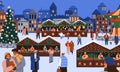 People shopping at street Christmas market. Winter holiday fair with stalls, kiosks decoration and Xmas tree on square Royalty Free Stock Photo