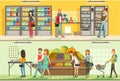 People Shopping in Supermarket Set, Male and Female Customers Buying Food Products in Store Vector Illustration Royalty Free Stock Photo