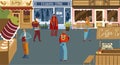 People shopping on town square, small local bakery shop, fashion store, cafe and street food, vector illustration