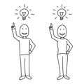 People showing bright idea concept and light bulb above heads in hand drawn style. Royalty Free Stock Photo