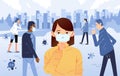 People sick and cough in the public, wearing mask for prevention of virus spreading vector illustration
