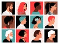 People side faces. Profile face set, muslim and black women, young and bearded men heads avatars characters, simple guy Royalty Free Stock Photo