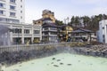 People sightseeing at Yubatake Hotspring with evening light in Gunma ,Japan
