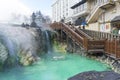 People sightseeing at Yubatake Hotspring with evening light in Gunma ,Japan