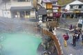 People sightseeing at Yubatake Hotspring with evening light in Gunma ,Japan