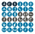 people silhouette icon set with doctor. cyclotourism. fireman, gymnastics. police