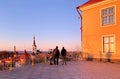 People silhouette on Sunset panorama view from platform balcony ,ew from platform balcony beautiful romantic summer evenin