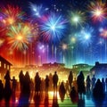people in silhouettes looking up the colorful fireworks exploding in the night sky above rooftops. Royalty Free Stock Photo