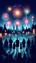 people in silhouettes looking up the colorful fireworks exploding in the night sky above rooftops. Royalty Free Stock Photo