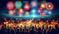 people in silhouettes looking up the colorful fireworks exploding in the night sky above rooftops. Royalty Free Stock Photo