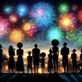 people in silhouettes looking up the colorful fireworks exploding in the night sky above rooftops. Royalty Free Stock Photo