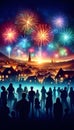 people in silhouettes looking up the colorful fireworks exploding in the night sky above rooftops. Royalty Free Stock Photo