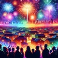 people in silhouettes looking up the colorful fireworks exploding in the night sky above rooftops. Royalty Free Stock Photo