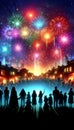 people in silhouettes looking up the colorful fireworks exploding in the night sky above rooftops. Royalty Free Stock Photo