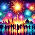 people in silhouettes looking up the colorful fireworks exploding in the night sky above rooftops. Royalty Free Stock Photo