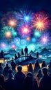 people in silhouettes looking up the colorful fireworks exploding in the night sky above rooftops. Royalty Free Stock Photo