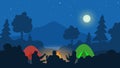 people silhouettes sitting around the fire night camping landscape forest campfire tents vector