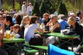 People sit in a beergarden