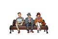 People sit on the bench. pensioner, woman and man