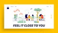 People Sit on Fence Rear View Landing Page Template. Happy Family Looking on Bird, Loving Couple Embracing