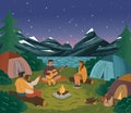 People sit next to campfire and play guitar. Group of friends next to camp tent and watching starry night. Summer camp Royalty Free Stock Photo