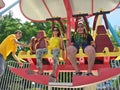 People sit in the open cabin ferris wheel in settlement Lazarevskoe Sochi