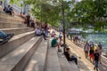 People Enjoying a Sunny Afternoon on the Chicago Riverwalk. Royalty Free Stock Photo