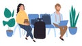 People sitting at airport and waiting for flight, vector illustration. Waiting room at international and domestic