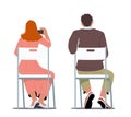 People Sitting Back View. Young Man and Woman Characters Sit on Chairs Photographing or Making Notes, Students