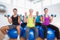 People sitting on balls and lifting weights in fitness club Royalty Free Stock Photo